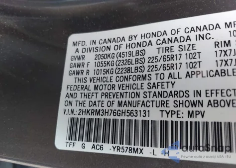 2016 Honda Cr-V Ex-L from USA, damaged, VIN 2HKRM3H76GH563131